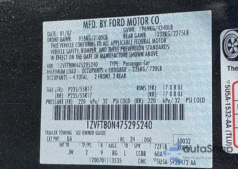 2007 Ford Mustang V6 Deluxe/V6 Premium из США, поврежденный, VIN 1ZVFT80N475295240